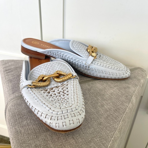 Tory Burch $348 Jessa Light Blue Woven‎ Leather Backless Loafers Women's 7.5M - Picture 2 of 10